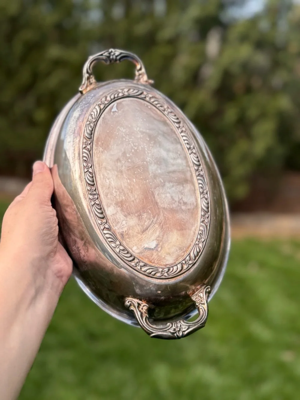 Vintage Silverplate Oval Serving Bowl Dish w Handles Footed 9.5”